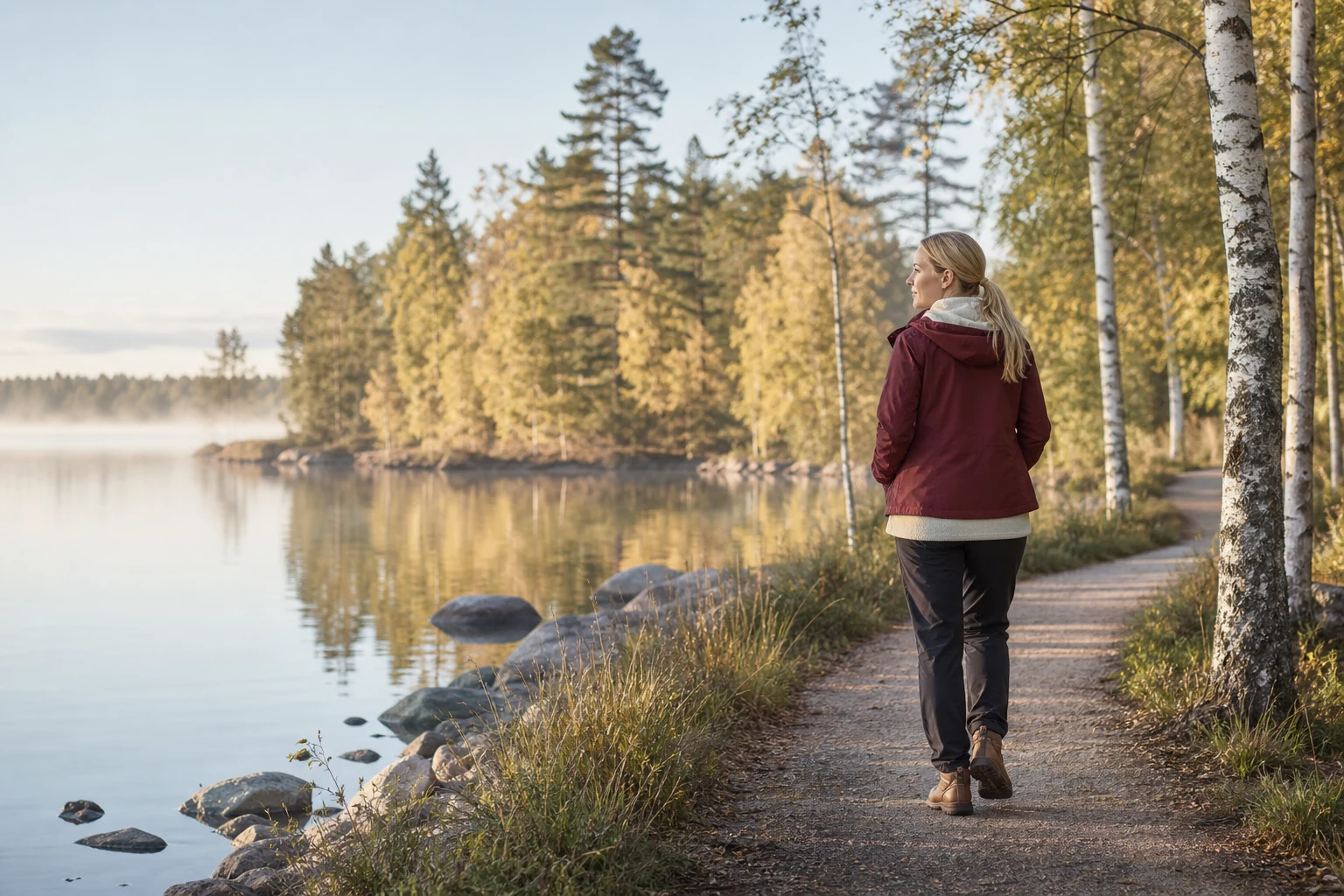 Aikuinen kävelee rauhallisesti järven rannalla toipumisen symbolina