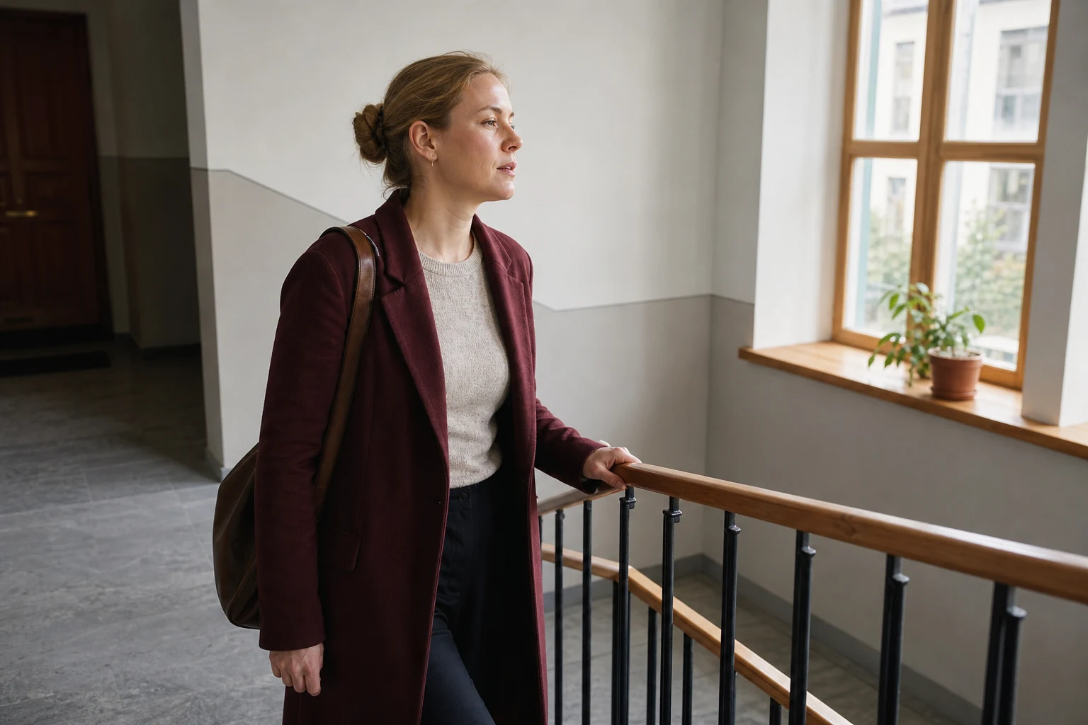 Väsynyt aikuinen pysähtyy portaissa hengähtämään